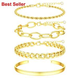 Gold Plated Chunky Chain Bracelets Stack Set Waterproof Non Tarnish